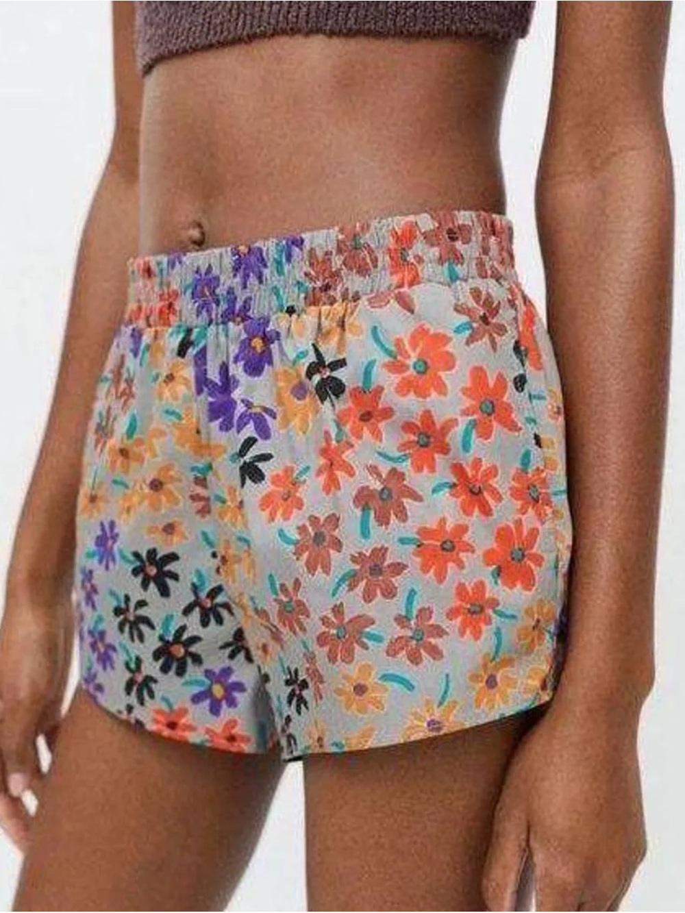 Urban Outfitters Floral Elastic-Waist Shorts - Orange, Purple, Teal, Black